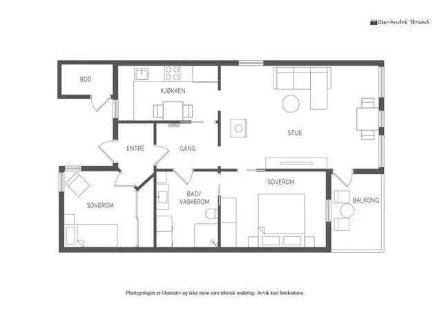 Leilighetheten går over ett plan og har et areal på 70 m² + ekstern bod på 2 m² og altan/terrasseareal på 11 m²