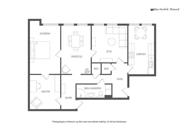 Leiligheten har et areal på 91 m² på ett plan | Det er i tillegg en ekstern bod
